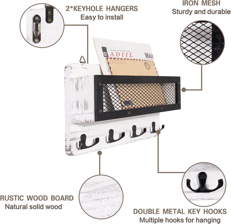ADIIL Mail and Key Holder for Wall Decorative, Wooden Wall Mount Key Rack Hanger Organizer with 4 Double Key Hooks, Rustic Home Decor for Entryway Hallway, White - Image 4